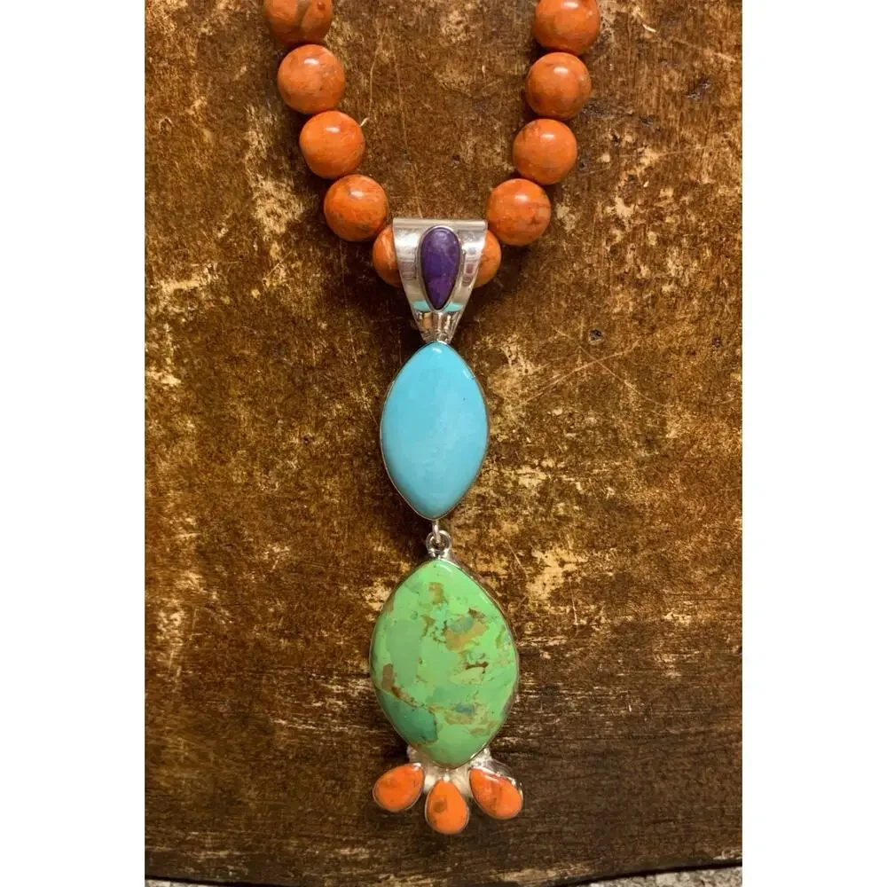 Jay King Necklace & Pendant Sterling Silver & Orange Jasper Necklace w/ Multi st - Picture 4 of 11